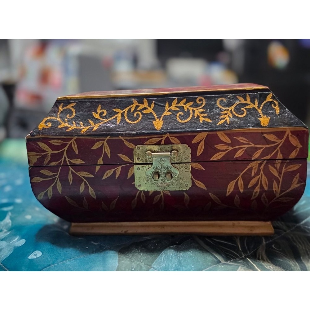 Vintage Hand-Painted Wooden Jewelry Box Floral Gold Red Black Antique Style